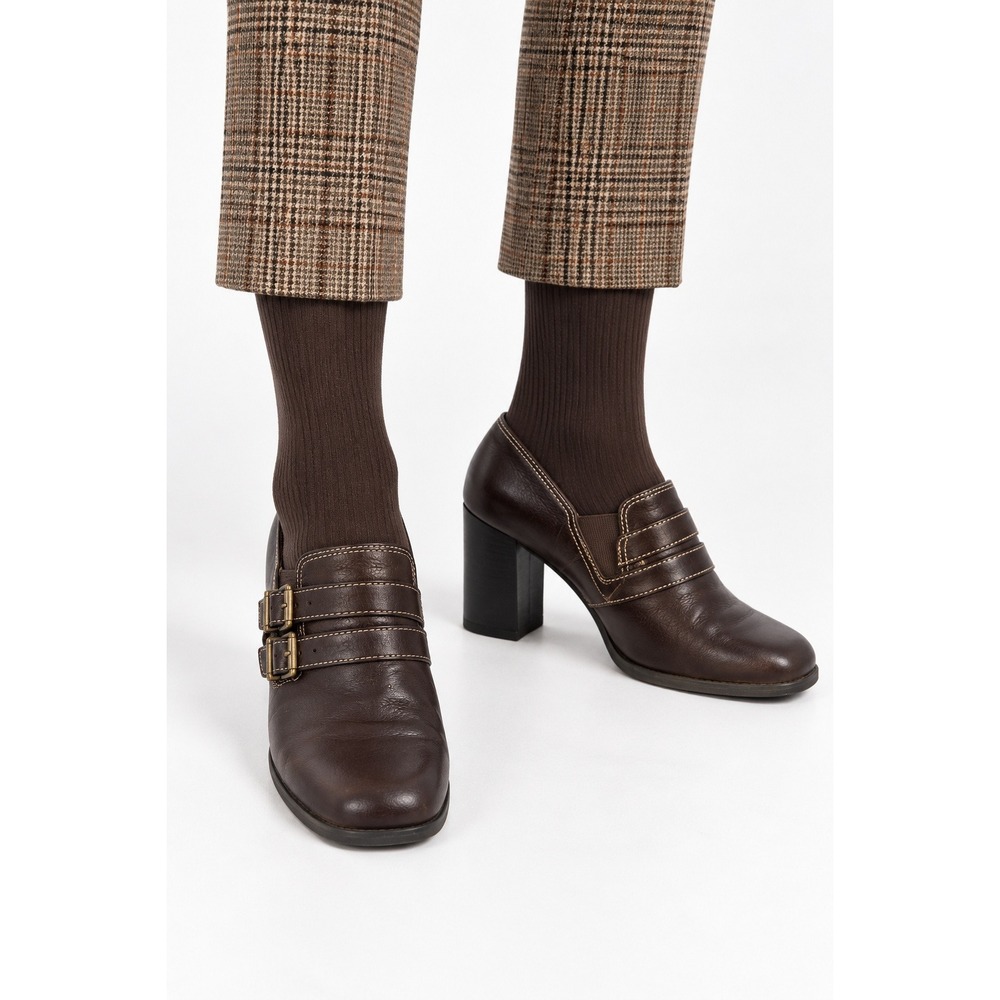 Y2K Dark Academia Brown Double Buckle Heeled Loafers 10 Preppy Retro Officecore